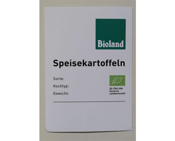 Sackanhänger weiß mit grünem Aufdruck für Kartoffeln – OBEG HOHENLOHE | Billiger Montag